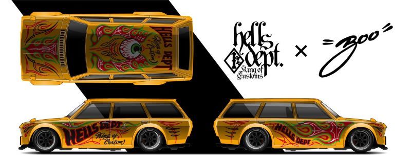 画像:  【"HELLS DEPT x BOO PINSTRIPING" DATSUN 510 WAGON "LOWDOWN" with スカルドライバー (カスタム完成品)】 CANDY ORANGEGOLDのご予約を開始致しました。